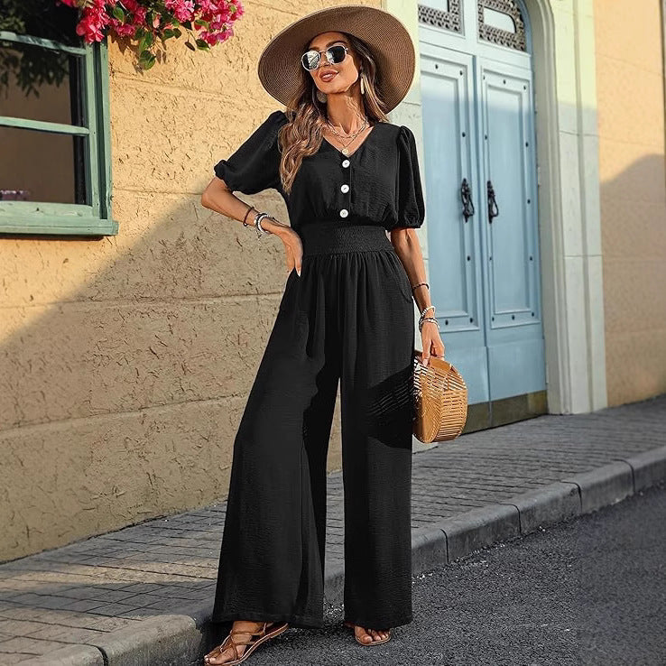 Solid Color Short Sleeve Lapel Waist-Cinched Jumpsuit