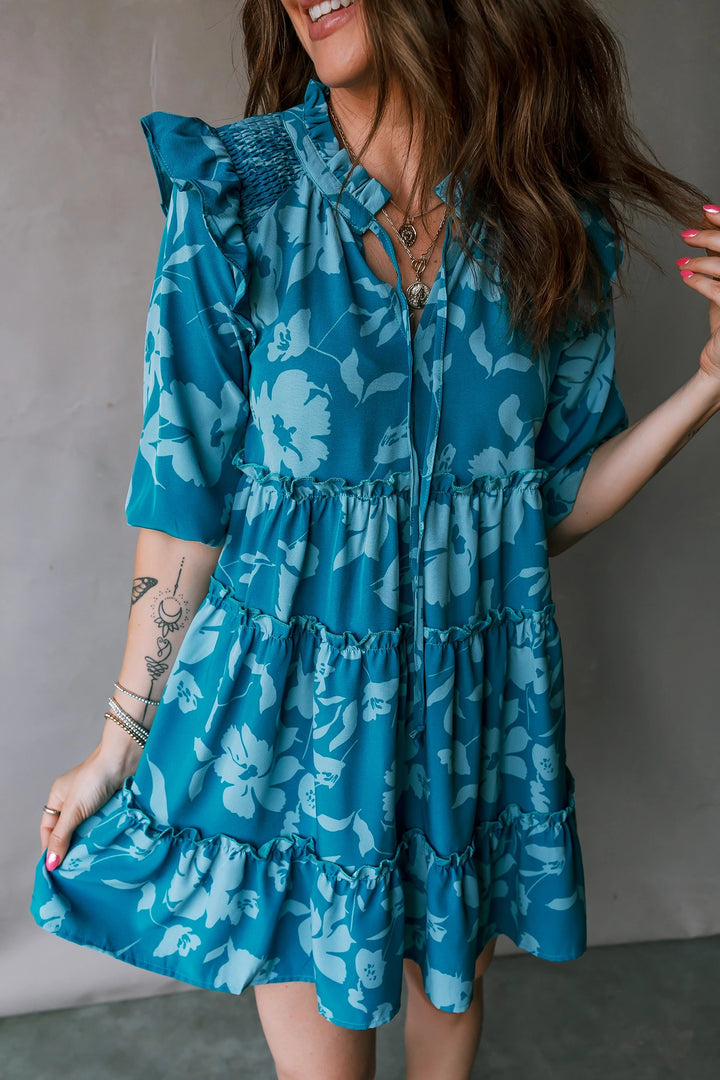 Blue Floral Tiered Ruffle Mini Dress