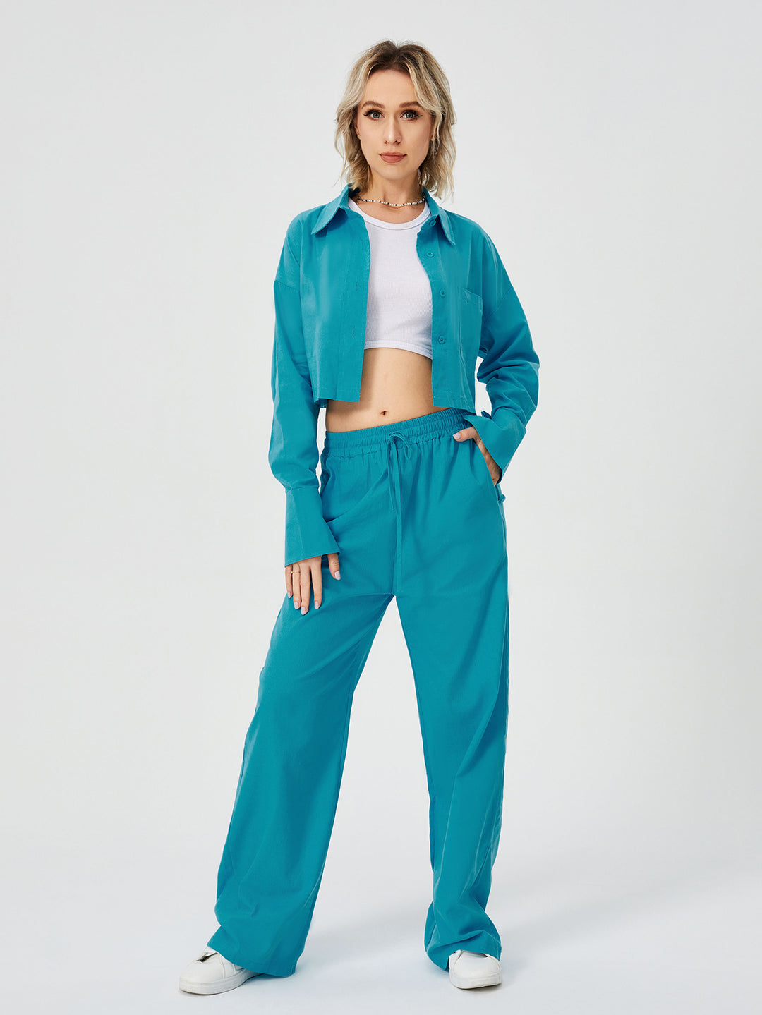 Button-Down Wide Leg Loungewear Set - Two Piece
