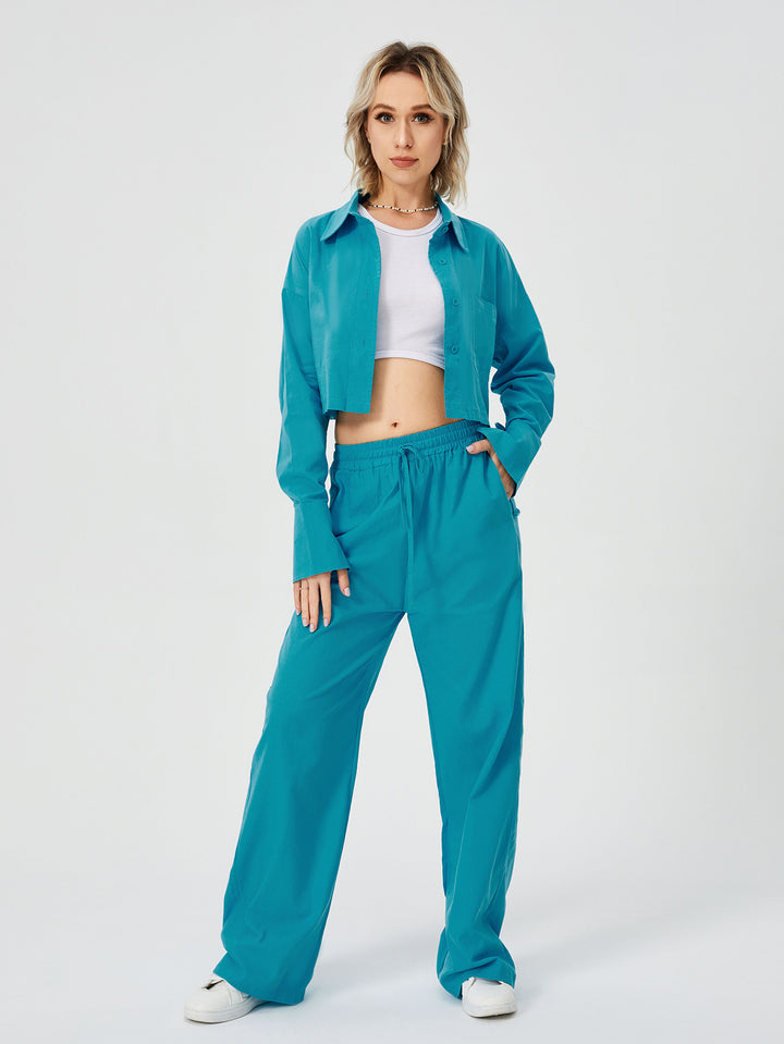 Button-Down Wide Leg Loungewear Set - Two Piece