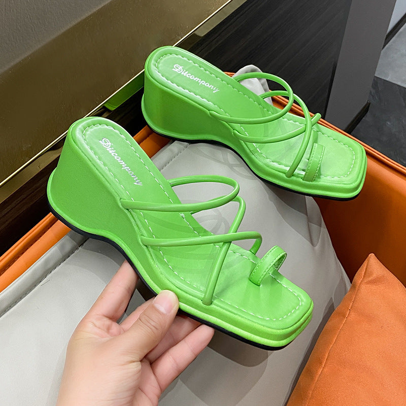 Platform Strappy Slip-On Sandals with Toe Strap