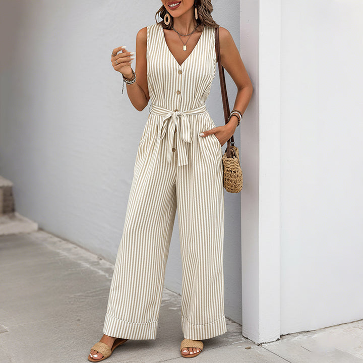 Minimalist Striped Wide-Leg Jumpsuit - Khaki
