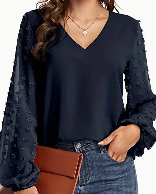 Swiss Dot V Neck Shirt - Soft Breathable Casual Top