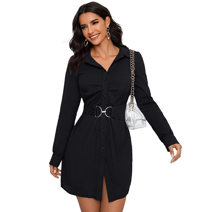 Womens Solid-Color Commuter-Style Shirt Single-Breasted Long-Sleeve Dress