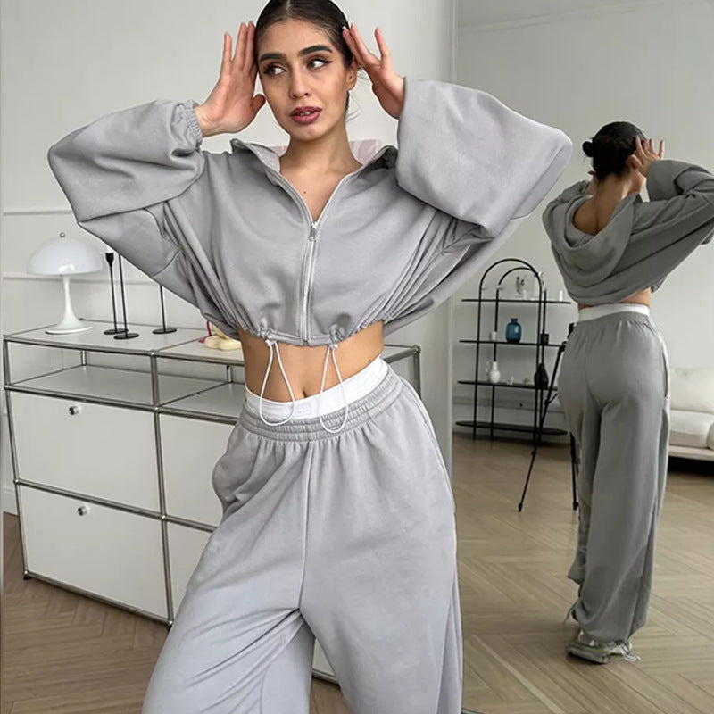 Solid Colour Zip-Up Loungewear Set - Two Piece