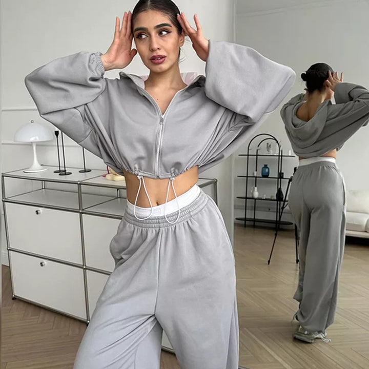 Solid Colour Zip-Up Loungewear Set - Two Piece