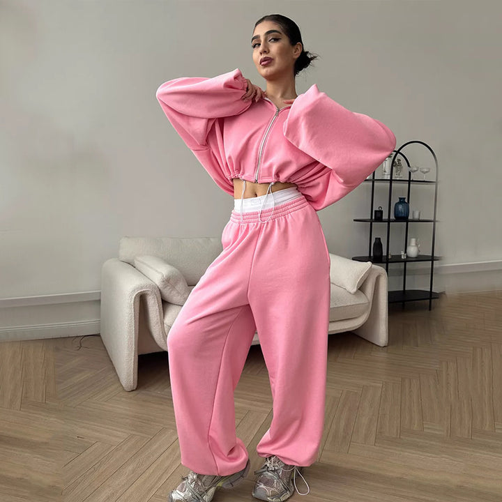 Solid Colour Zip-Up Loungewear Set - Two Piece