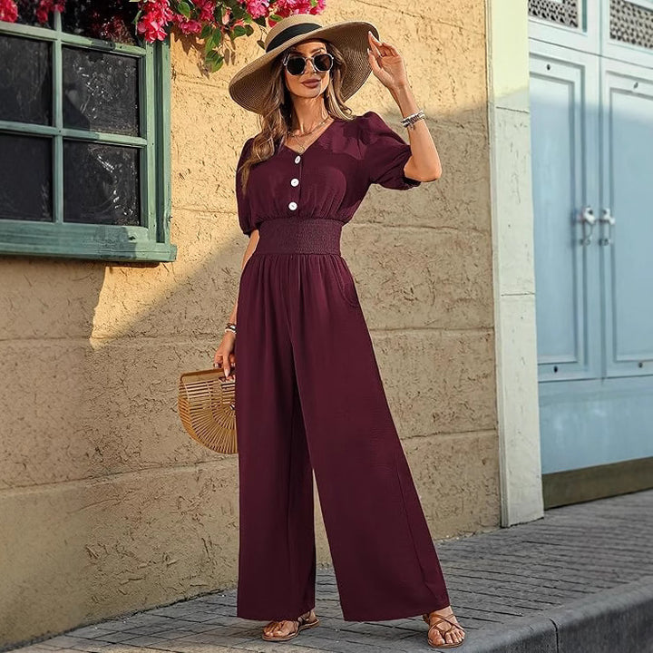 Solid Color Short Sleeve Lapel Waist-Cinched Jumpsuit
