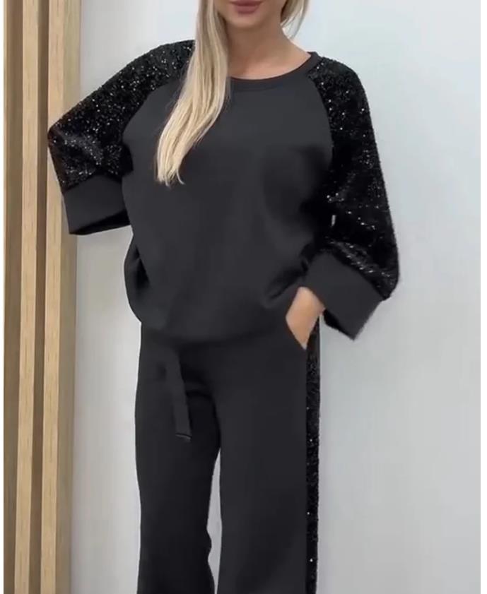 Sequined Patchwork Sweatshirt And Sweatpants Set