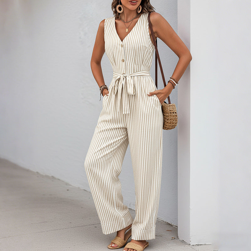 Minimalist Striped Wide-Leg Jumpsuit - Khaki