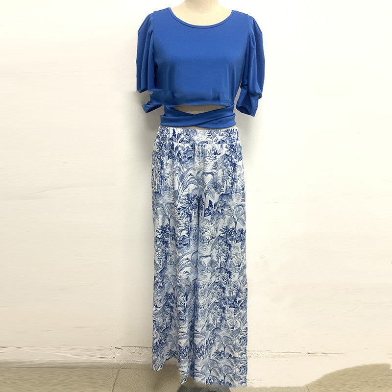 Premium Printed Two-Piece Fashion Set - Blue