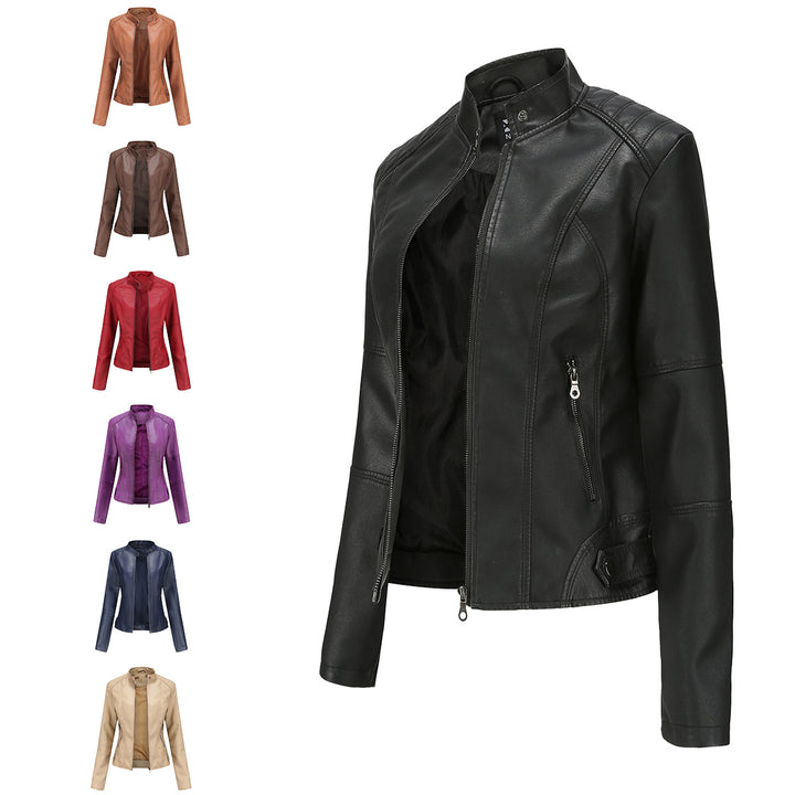 Slim-Fit Leather Jacket with Stand Collar