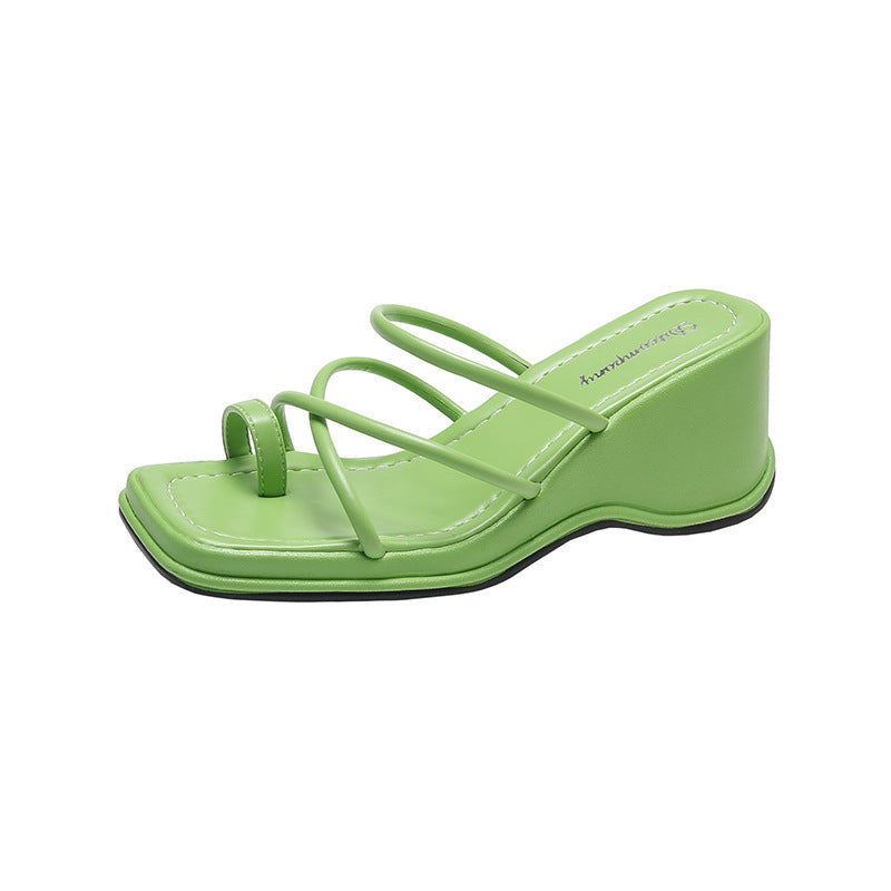 Platform Strappy Slip-On Sandals with Toe Strap