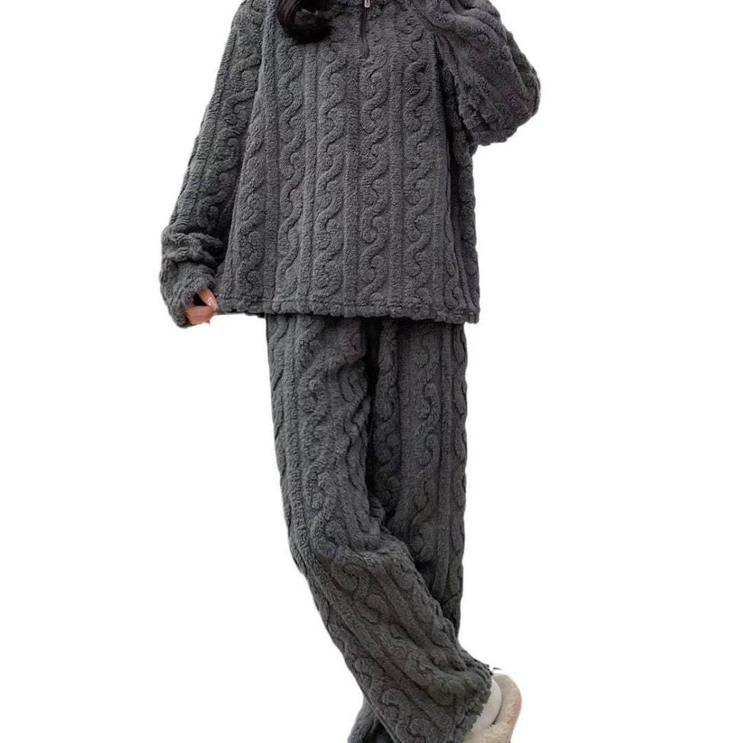 Twist Zipper Coral Fleece Loungewear Set - Autumn Winter