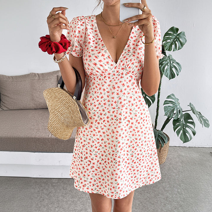 Sweet Womens Vacation Bubble Sleeve V-Neck Dress