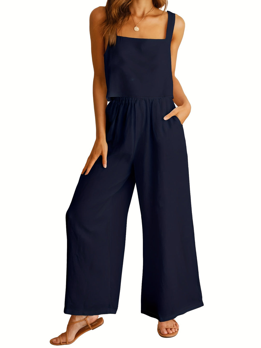 Square Collar Sleeveless Camisole & Wide Leg Trousers Two Piece Set