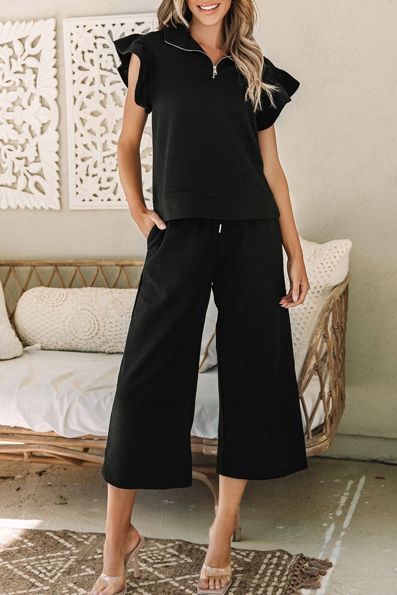 Ruffle Detail Two-Piece Set - Cropped Trousers