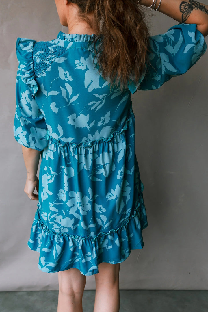 Blue Floral Tiered Ruffle Mini Dress
