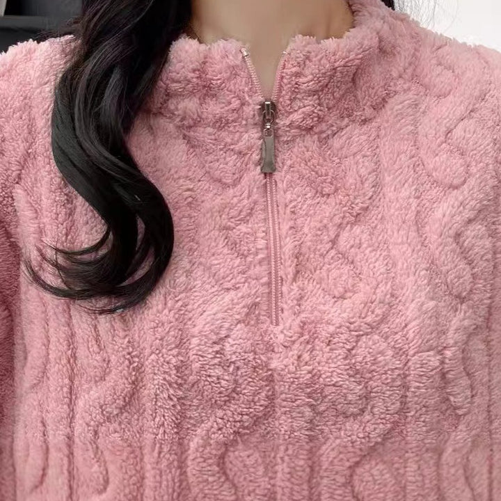 Twist Zipper Coral Fleece Loungewear Set - Autumn Winter