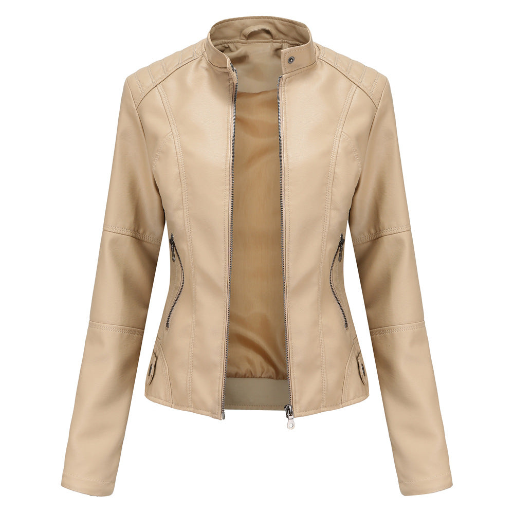 Slim-Fit Leather Jacket with Stand Collar