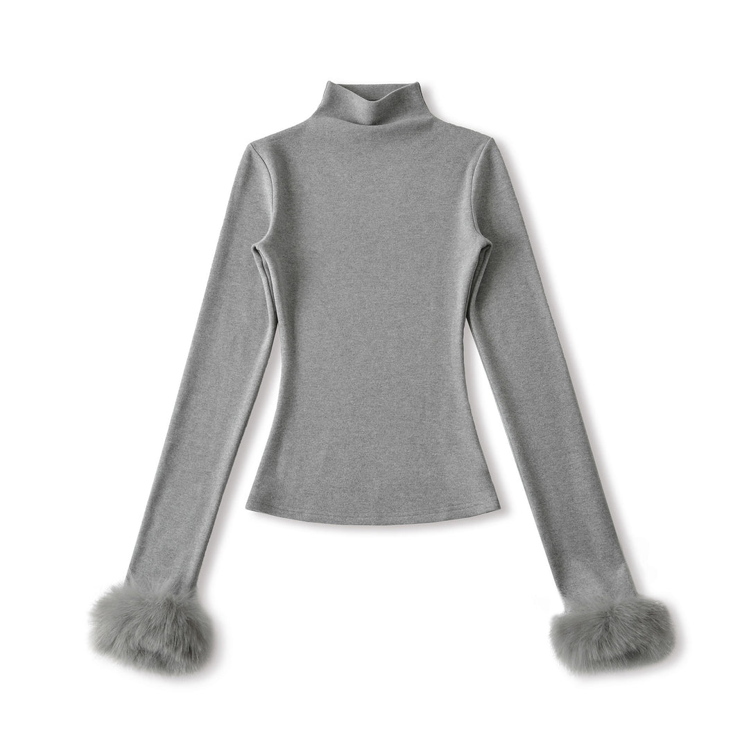 Detachable Furry Sleeve Mock Neck Top - Winter Pullover
