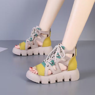 Retro Platform Lace-Up Sandal Boots - Hollowed-Out