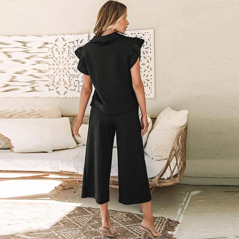 Ruffle Detail Two-Piece Set - Cropped Trousers
