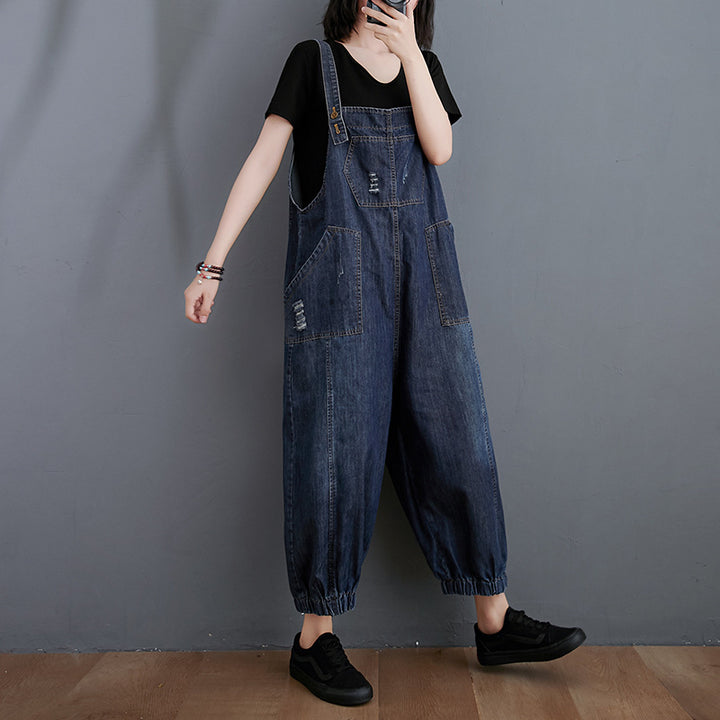 Cropped Denim Dungarees - Plus Size