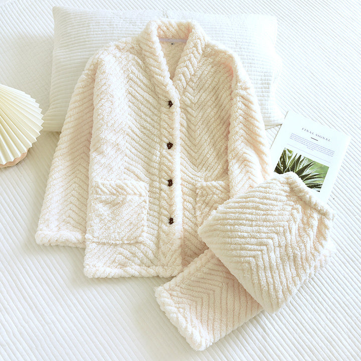 Round Neck Flannel Loungewear Set - Simple & Casual