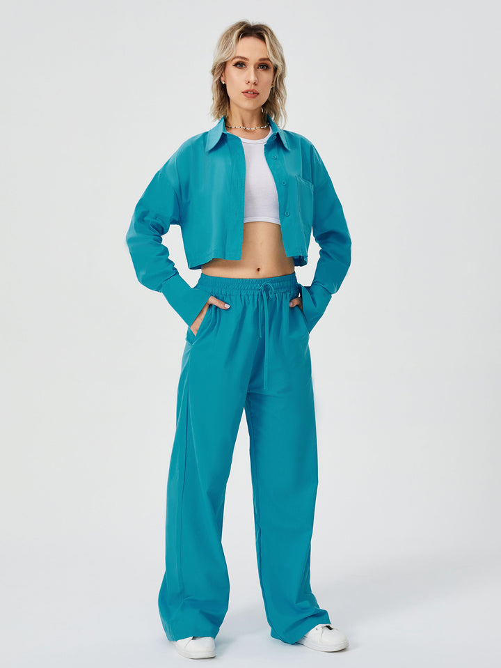 Button-Down Wide Leg Loungewear Set - Two Piece