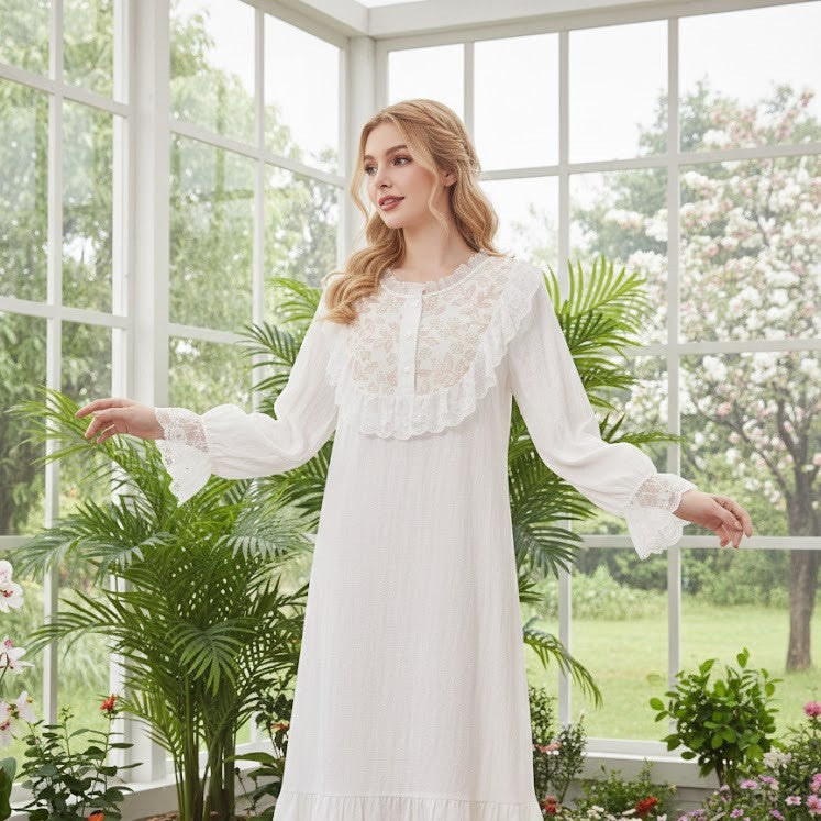 Long-sleeved Loose-fitting Plus-size Long French-style Cozy Nightgown