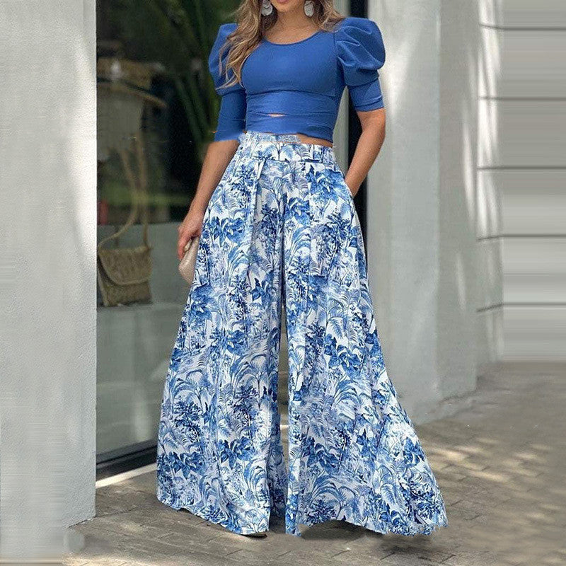 Premium Printed Two-Piece Fashion Set - Blue