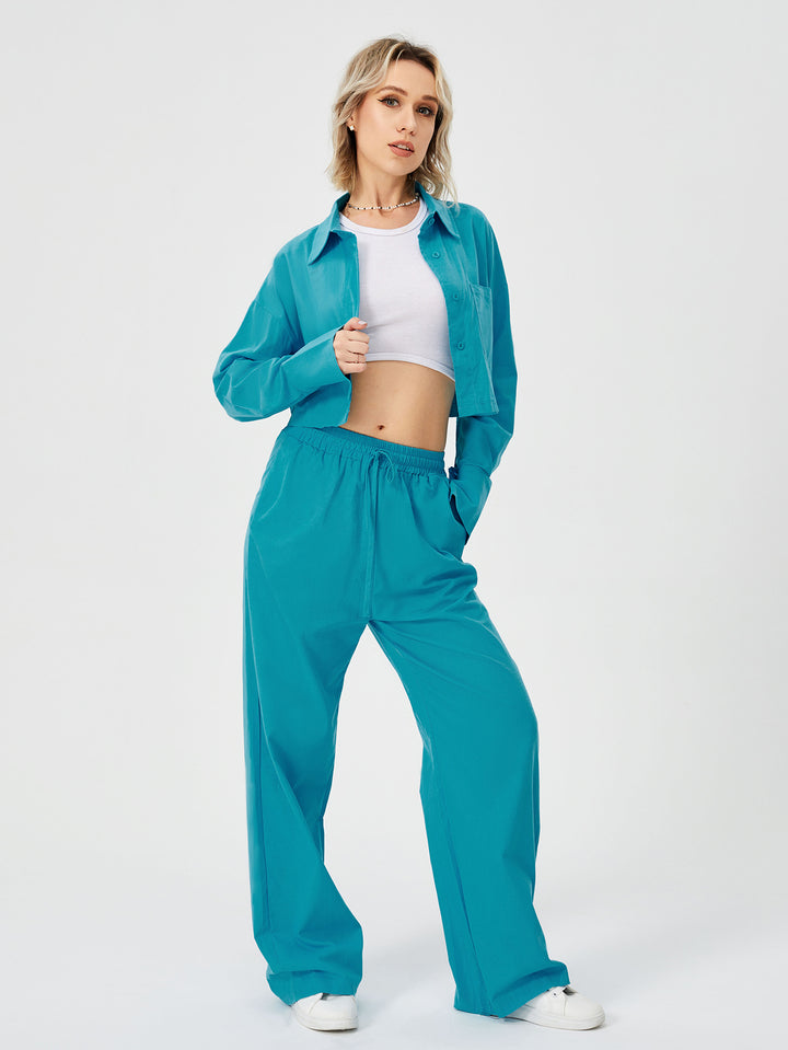 Button-Down Wide Leg Loungewear Set - Two Piece