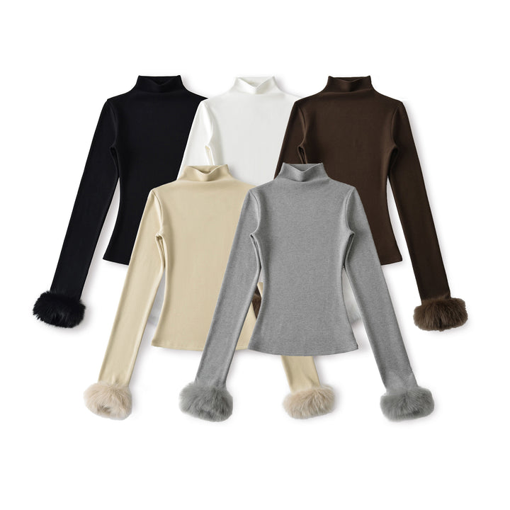 Detachable Furry Sleeve Mock Neck Top - Winter Pullover