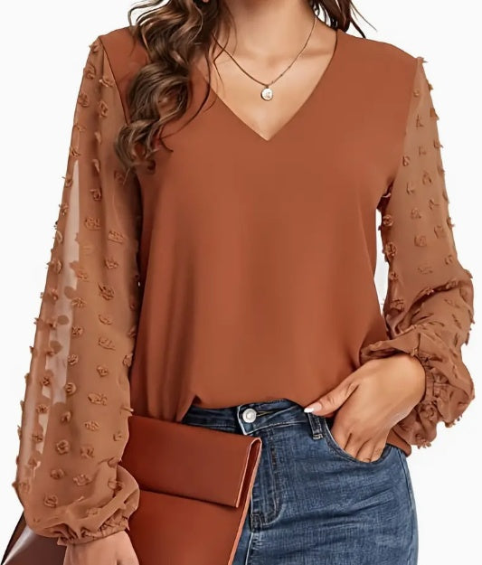 Swiss Dot V Neck Shirt - Soft Breathable Casual Top