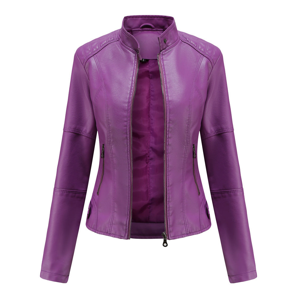 Slim-Fit Leather Jacket with Stand Collar