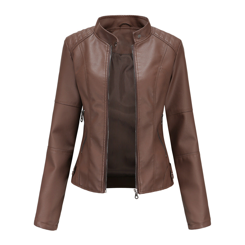 Slim-Fit Leather Jacket with Stand Collar