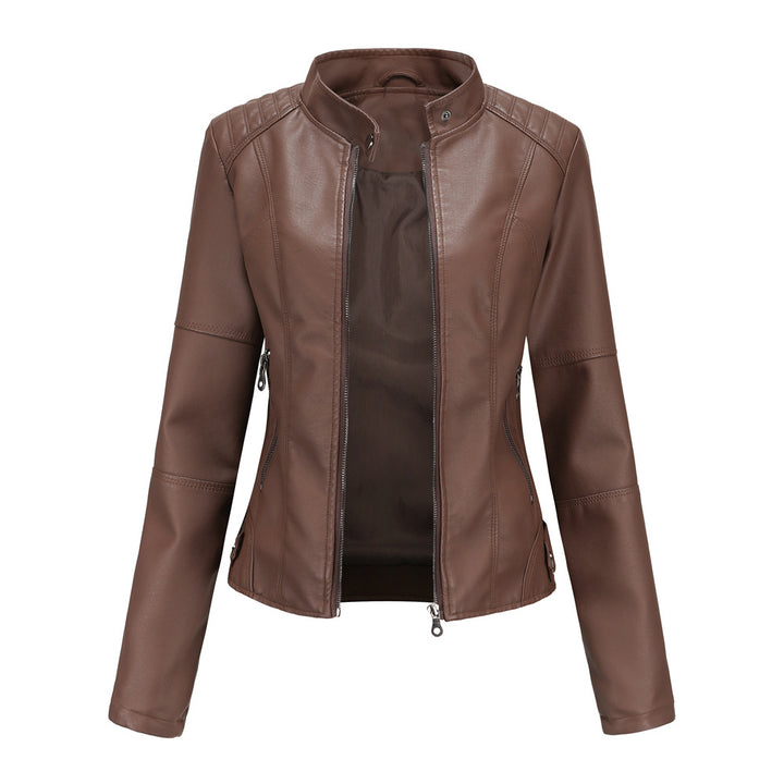 Slim-Fit Leather Jacket with Stand Collar
