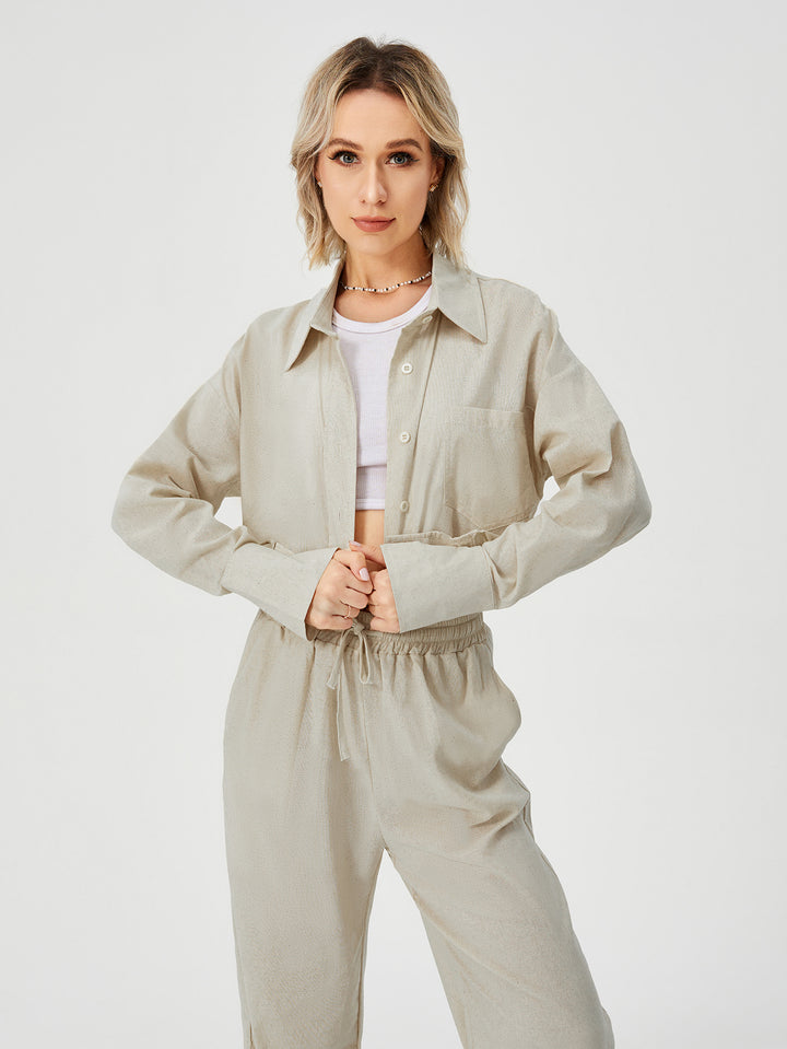 Button-Down Wide Leg Loungewear Set - Two Piece