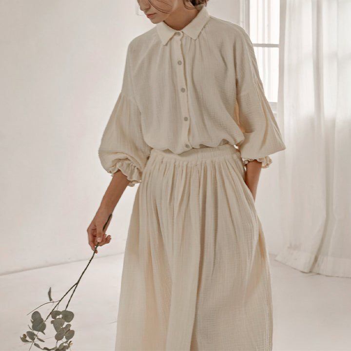 Double-Layer Gauze Loungewear Set - Lantern Sleeve