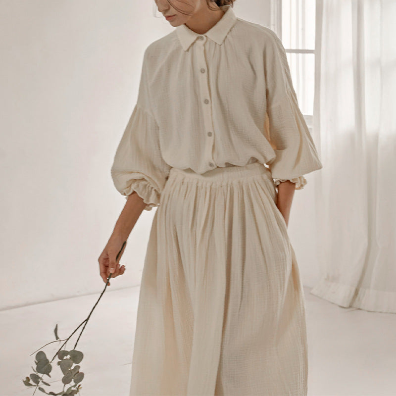 Double-Layer Gauze Loungewear Set - Lantern Sleeve