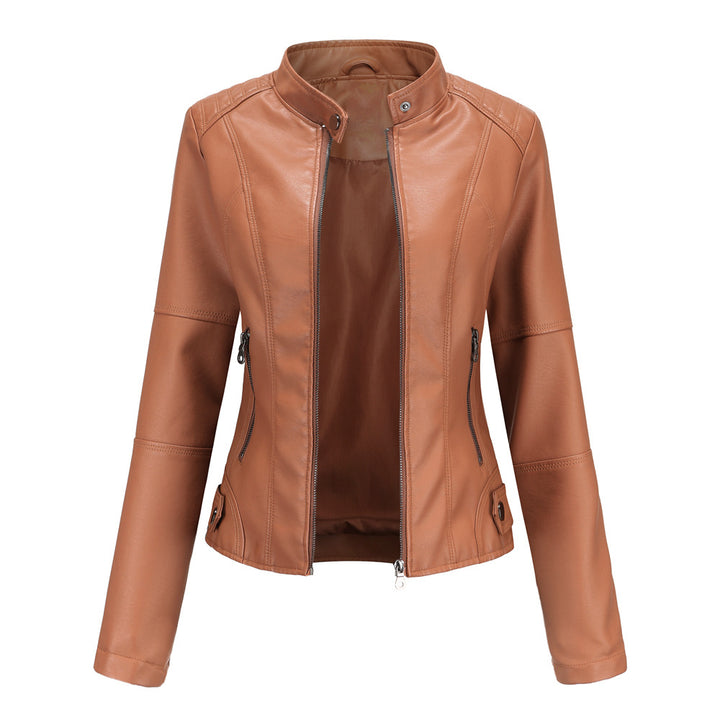 Slim-Fit Leather Jacket with Stand Collar