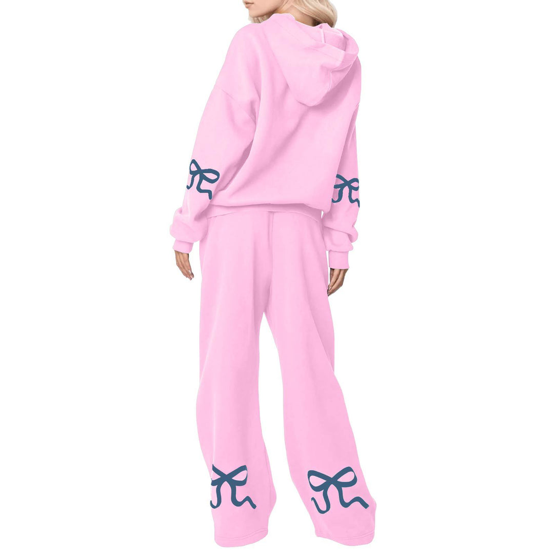 Bowknot Print Sweatshirt & Sweatpants Casual Two Piece Set