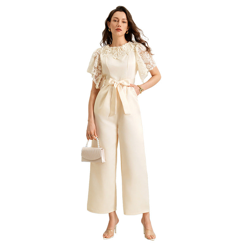 Solid-Color Loose-Fit Satin Jumpsuit - Apricot