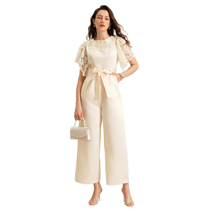 Solid-Color Loose-Fit Satin Jumpsuit - Apricot