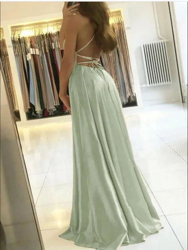 Satin Maxi Beach Dress with Leg Slit & Lace-Up Detail