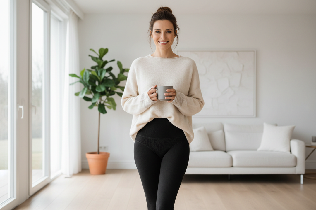 Woman wearing thermal fleece-lined leggings at home with cozy sweater