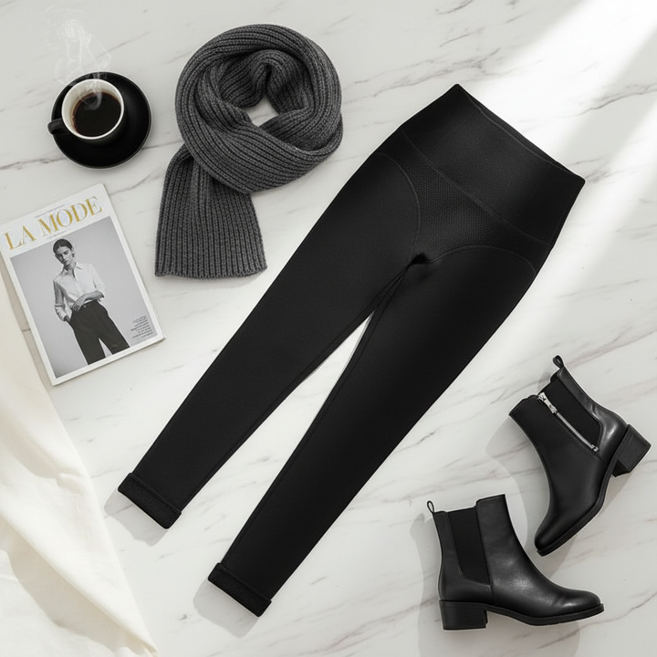 Flat lay styling of thermal leggings with winter accessories